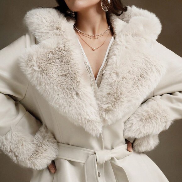 White Elegant Women's Fluffy Plus Size Cinched Waist Jacket - Picture 7 of 7